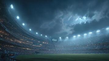 Large stadium filled with enthusiastic fans under dramatic night sky during an exciting sporting event photo