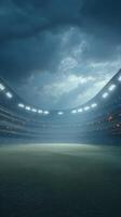 Dark clouds loom over a stadium with bright lights glowing in anticipation of an upcoming match photo