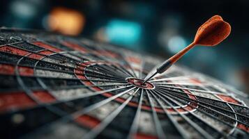 Dart hitting bullseye on a traditional dartboard in a competitive game setting at a vibrant pub photo