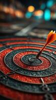Dart lands perfectly in the center of a red and black bullseye at an evening gathering photo