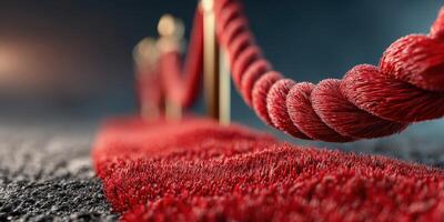 Red carpet entrance with velvet rope outside a prestigious event venue in the evening photo