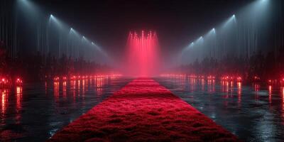 Illuminated runway with red lighting and water reflections creates a dramatic atmosphere during a fashion event at night photo