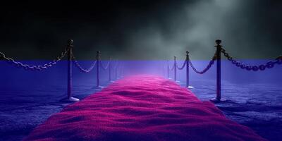 Red carpet path leading through dark misty environment with chains lining the sides photo