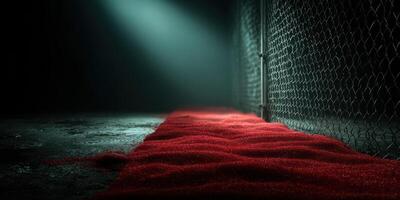 Dark corridor with a red carpet leading to a chain-link fence in an abandoned space at night photo