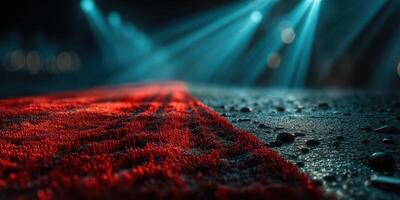 Bright red carpet welcomes guests at night event with vibrant lights illuminating the venue photo