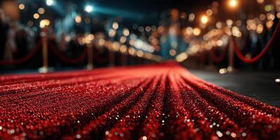 Red carpet event preparing for a glamorous night with bright lights and elegant atmosphere in an urban setting photo