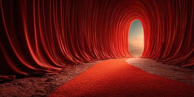 Vibrant red tunnel leading to serene landscape at sunset, creating an inviting surreal atmosphere photo