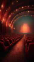 Elegant red theater interior with plush seating and dramatic stage lighting before a performance begins photo