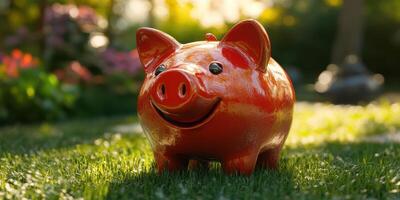 Colorful ceramic pig statue in a sunny garden with vibrant flowers surrounding it photo