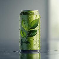 Meticulously designed green beverage can with water droplets on a shiny surface indoors at midday photo