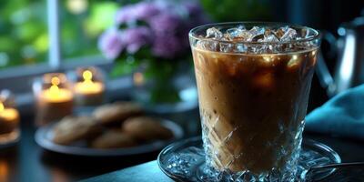 Refreshing iced coffee placed on a table with cookies and candles during a cozy afternoon gathering photo