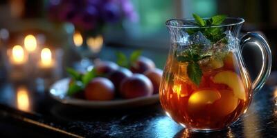 Refreshing iced tea served in a glass pitcher with fresh fruit and mint on a dark countertop during a cozy evening photo
