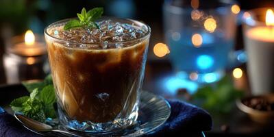 Refreshing iced beverage served with mint leaves in a dimly lit setting photo