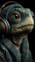 Unique creature wearing headphones and a sweater in a dark, artistic setting with vivid details in its expression photo