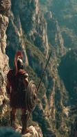 Warrior stands at the edge of a cliff overlooking a vast mountainous landscape at dusk photo