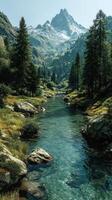 Majestic mountain landscape with a clear river flowing through a lush valley in a serene environment during daylight photo