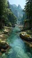 Serene river flowing through lush greenery and rocky landscape in a peaceful mountain setting photo