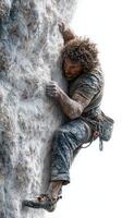 Rock climber ascends challenging wall in bright daylight with a determined expression and chalk-covered hands photo