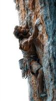 Climber conquers rugged rock face in bright sunlight during outdoor adventure in scenic landscape photo