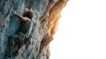 Rock climber scaling a rugged cliff face at sunset in a natural outdoor setting photo