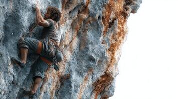Rock climber ascends a steep cliff in a breathtaking natural landscape during daylight photo