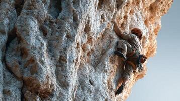 Climber navigating a challenging rock face in a mountainous landscape during bright daylight hours photo