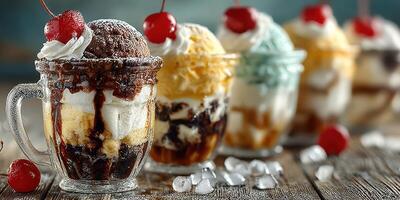 Delightful dessert creations in vintage glass cups lined on a wooden table with cherries and whipped cream photo