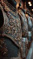 Intricate antique armor on display in a museum, showcasing craftsmanship and historical significance of past eras photo