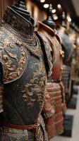 Historical armor exhibition showcases detailed craftsmanship and intricate designs in a museum setting photo