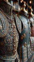 Intricate historical armor displayed in an ornate boutique showcasing craftsmanship and design from a bygone era photo