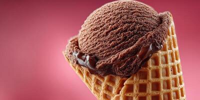 Chocolate ice cream in a waffle cone with rich texture and vibrant background colors photo