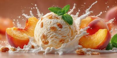 Fresh peach ice cream splashing with cream and mint leaves surrounded by juicy peach slices photo