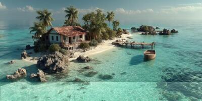 Cozy island retreat near calm blue waters with a wooden boat and lush palm trees in the background photo