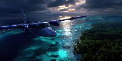 Seaplane flying above tropical islands during sunset with vibrant ocean reflections and lush greenery below photo
