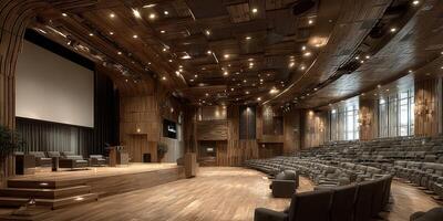Modern auditorium interior with wooden architecture and bright lighting in a spacious conference hall photo