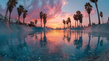 Vibrant sunset over skate park with palm trees and reflecting water in evening light photo