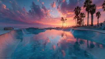 Stunning sunset over a tranquil skate park by the beach with palm trees and vibrant clouds reflecting in the water photo
