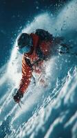 Snow climber navigates steep slope in winter mountain landscape during a sunny day with fresh powder photo