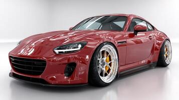 Sleek red sports car showcased in a studio with a polished surface reflecting bright lights and showcasing intricate details photo