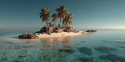 Tropical island with palm trees surrounded by calm blue waters on a clear day in the afternoon photo