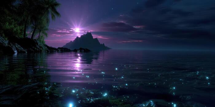 Mysterious night over tranquil waters with glowing bioluminescence and distant mountains photo