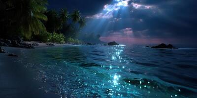Moonlight reflects on tranquil ocean waves near a tropical beach surrounded by palm trees photo