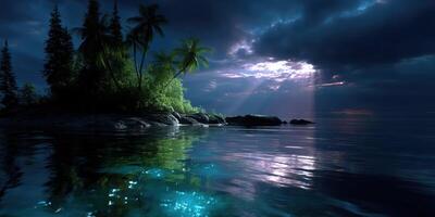 Serene twilight over a calm ocean with tropical island and reflection of clouds photo