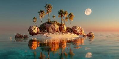 Serene tropical island at sunset with reflecting waters and a glowing moon above photo