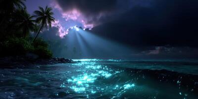 Serene nighttime ocean view with illuminated waves and dramatic clouds in a tropical setting photo