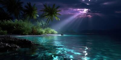 Beautiful tropical landscape with moonlight shining on calm waters and illuminated palm trees at night photo