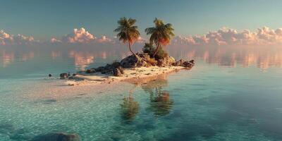 Serene island with palm trees reflecting in tranquil waters at sunset in a tropical paradise photo