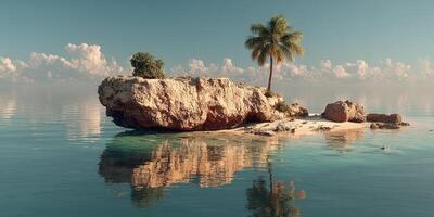 Stunning tropical island with palm trees reflecting in clear water under a bright sky photo