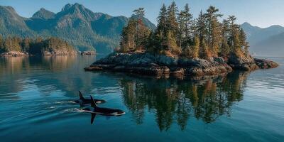 Orcas swimming near a beautiful island surrounded by mountains in the early morning light photo
