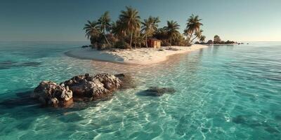 Tropical island landscape featuring palm trees, clear turquoise waters, and a sandy shoreline in a serene environment photo